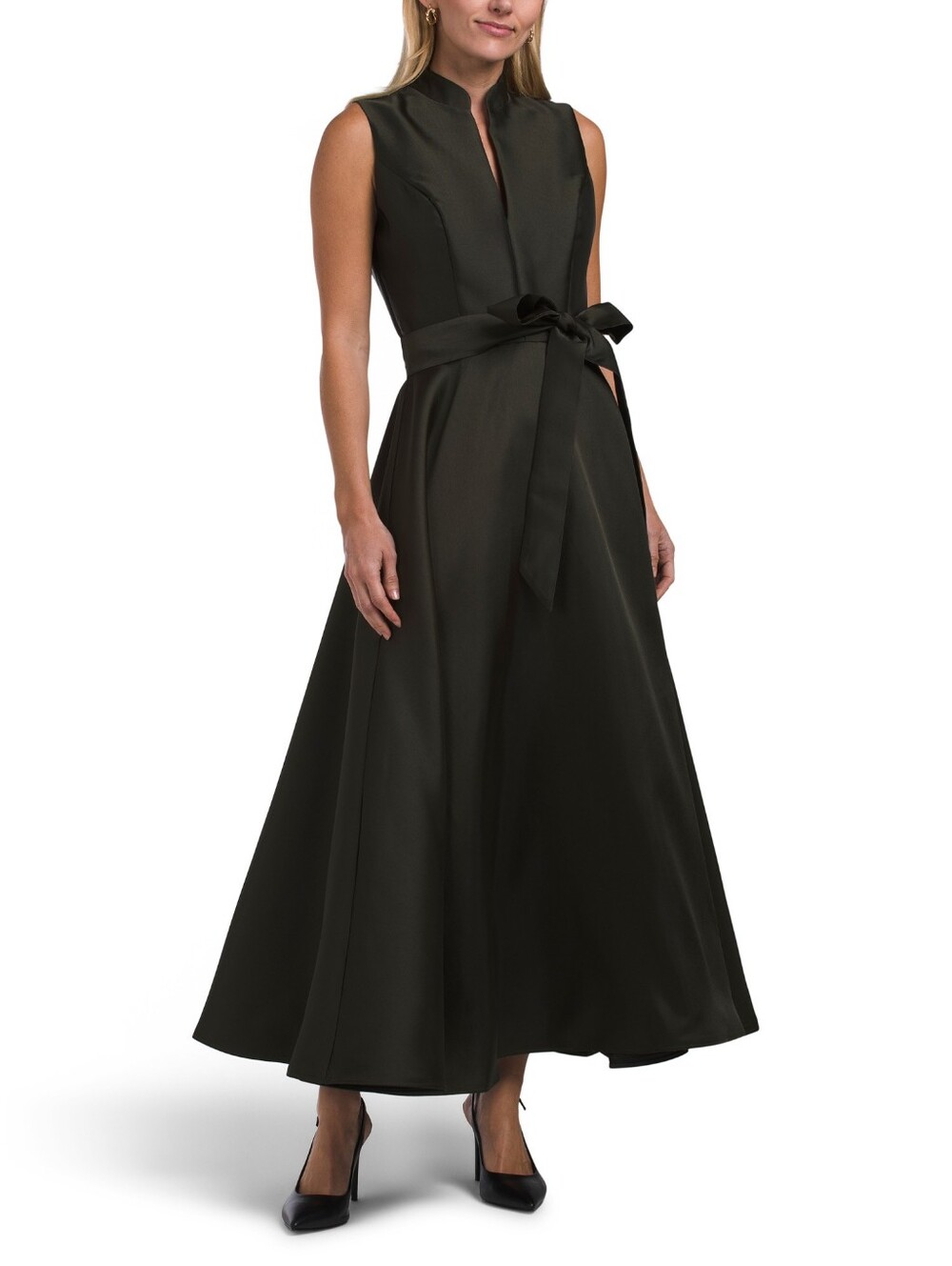 Rene By Rene Ruiz Sleeveless Dark Olive  A-Line Satin Maxi Dress Bow Waist NWT